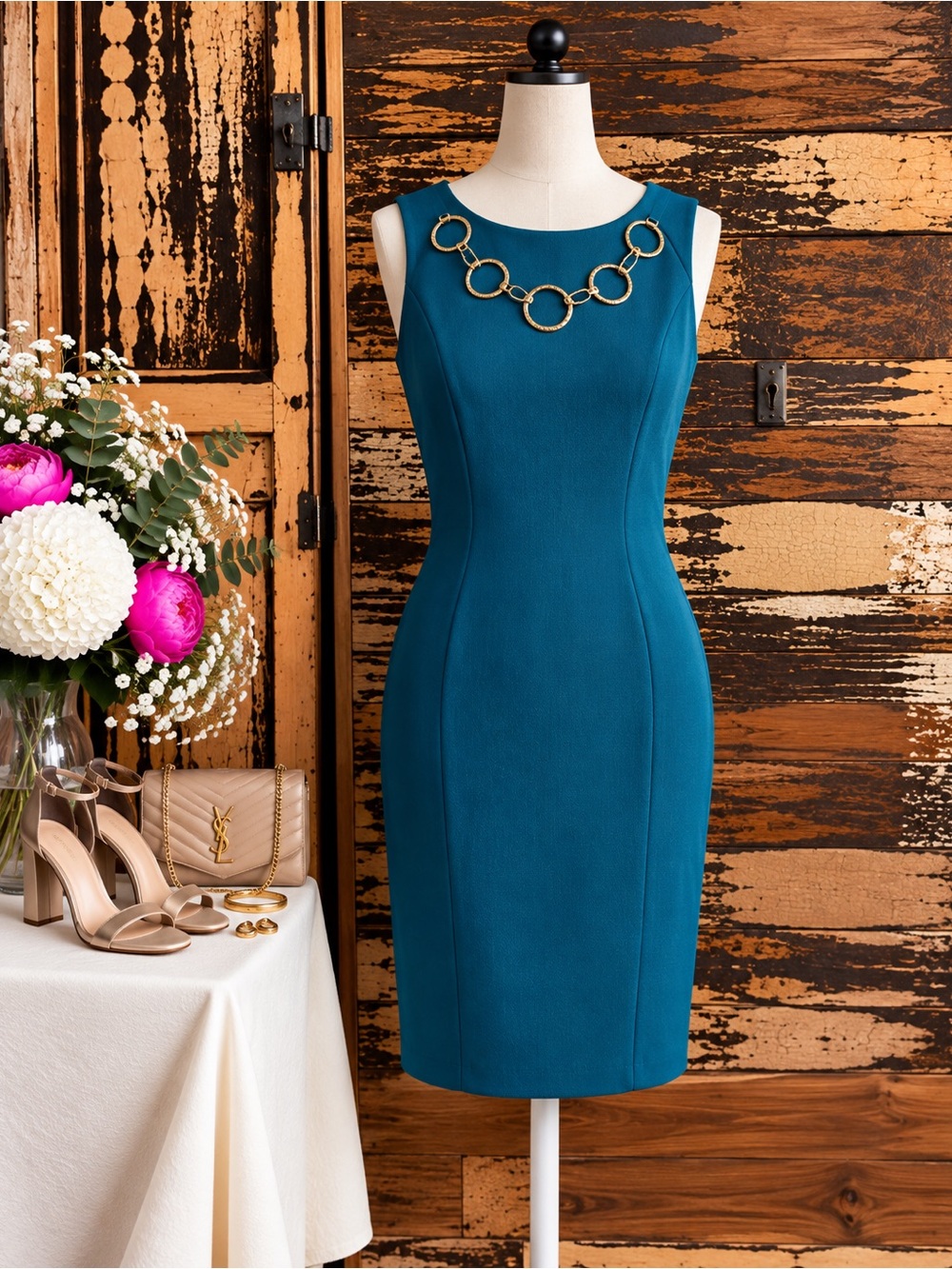 Calvin Klein Teal Sheath Dress | Gold Hardware Career Cocktail | Size 6